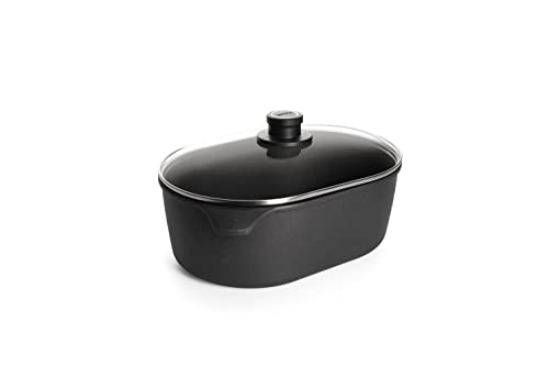 Woll Nowo Titanium - Cazuela con tapa de cristal (inductiva, 32 x 22 cm, 12 cm de alto, 6 litros), apta para todo tipo de cocinas, aluminio fundido, apta para horno, color negro