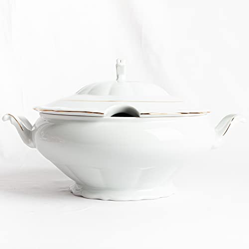 Franquihogar Sopera de Porcelana con tapa y asas, Bowl para sopas, cremas blanca con filo de oro | Rhein