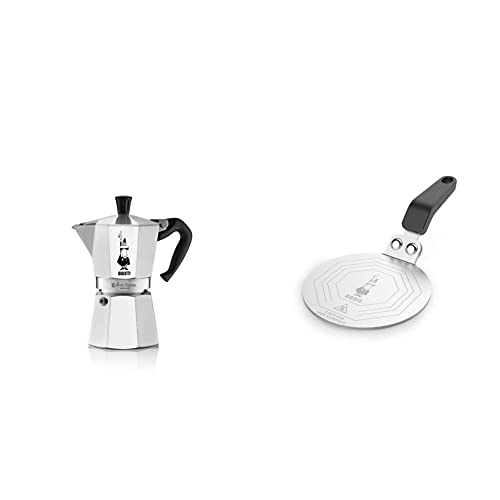 Bialetti Moka Express Cafetera Italiana Espresso, 6 Tazas, Aluminio + DCDESIGN08 Difusores de calor, adaptador para el utilizo de cafeteras y baterías de cocina sobre placas de inducción, Metal