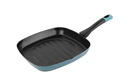 MAGEFESA Lotus - Asador cuadrado 28 cm de Acero vitrificado Exterior Azul. Antiadherente bicapa Reforzado, Apto para Todo Tipo de cocinas, Especial inducción. 50% de Ahorro energético.