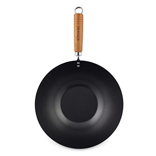 Ken Hom KH331001 Wok Acero Carbono Antiadherente, 31cm, Classic, Sartén Sin Inducción/Con Mango De Madera/Base Plana, No Apto Para Lavavajillas, 2 Años de Garantía