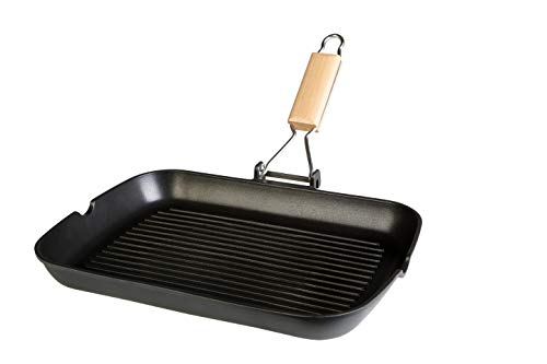 WECOOK! Ecostone Grill Asador Inducción Rayado 34 X 24cm, Antiadherente ILAG Ecológico sin PFOA, Aluminio Fundido, 5mm Espesor, Mango Madera Plegable, Apta Todas las Cocinas Vitrocerámica, Gas