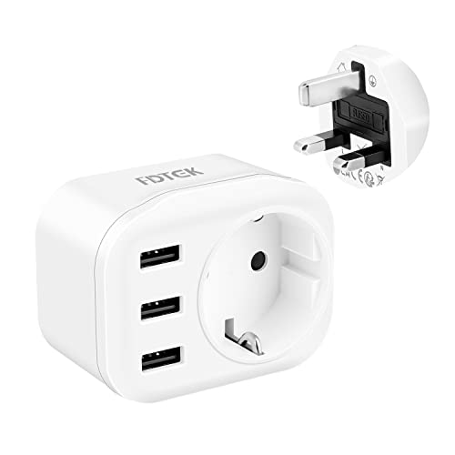 Adaptador Enchufe UK FDTEK Adaptador Enchufe Ingles a Español con 3 Puertos USB Adaptador de Viaje Tipo G 2-Pin Europa a 3-Pin Londres para Reino Unido,Irlanda,Singapur,Malasia,Maldivas,Dubai Blanco