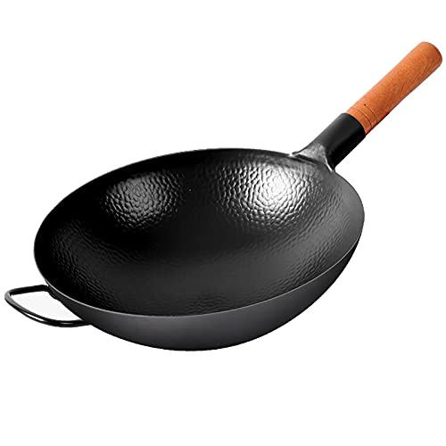 Pan Wok Wok de hierro fundido,Die Mast Wok,Madera Sólida Manijas anchas de madera grande Wok Profundo,solo uso de llama,salteado,a fuego lento,braising,freír,36 cm -Negro (Size : 38cm)