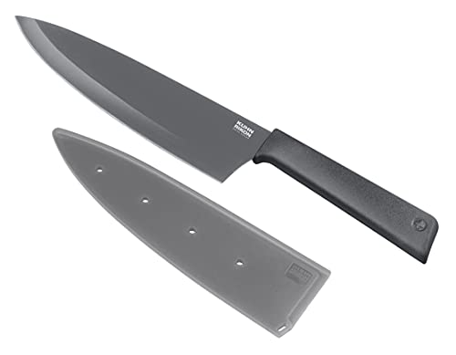 KUHN RIKON Colori+ - Cuchillo de cocina (hoja recta, protector de hoja, antiadherente, acero inoxidable, 30 cm), color gris