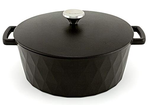 HearthStone Cookware - Cocotte Diamond de Hierro Fundido Esmaltado, Negro Satinado, 28 cm, 6.9 l. Para Todas las Superficies, incluyendo Inducción y Horno.