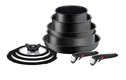 Tefal L76491 Ingenio Ultimate - Juego de utensilios de cocina (10 piezas, apilables, antiadherente, apta para inducción, indicador de temperatura de señal térmica, color negro