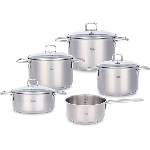 Fissler Hamburg Juego de ollas de acero inoxidable, 5 piezas, 3 ollas y 1 cacerola con tapa de cristal, 1 cazo sin tapa, aptas para todo tipo de placas, inducción