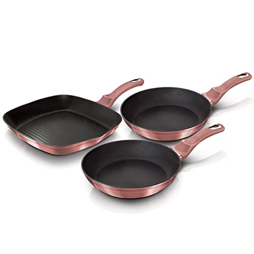 Berlinger Haus I-Rose Juego 2 Sartenes y Grill Inducción 20-24-28cm, Aluminio Forjado, Antiadherente Ecológico Titanio sin PFOA, Diseño Moderno, Apta para Todas Las Cocinas, Vitrocerámica, Gas