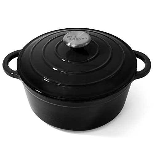 Joejis - Cacerola de Hierro Hundido negro con tapa para horno y encimera, cazuela esmaltada Antiadherente para cocina y horno 28 cm/2,7 L para horno de cocina para estofado, asados lentos, hornear