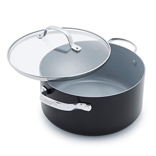 GreenPan Valencia Pro Sartén de Cerámica Saludable Anodizada Dura Antiadherente 24cm / 5,1 Litros con Tapa, Libre de PFAS, Inducción, Apta para Lavavajillas, Apta para Horno, Gris