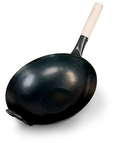 Wok Pasoli | PREMARCADO AL FUEGO | fondo plano | para fogones (también inducción) | 30 cm de diámetro | wok tradicional de acero al carbono martilleado a mano | capa natural antiadherente