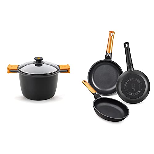 BRA Olla para estofados, Metal, Negro + Efficient Orange Set de 3 sartenes, aluminio fundido con antiadherente tricapa libre de PFOA, para todo tipo de cocinas