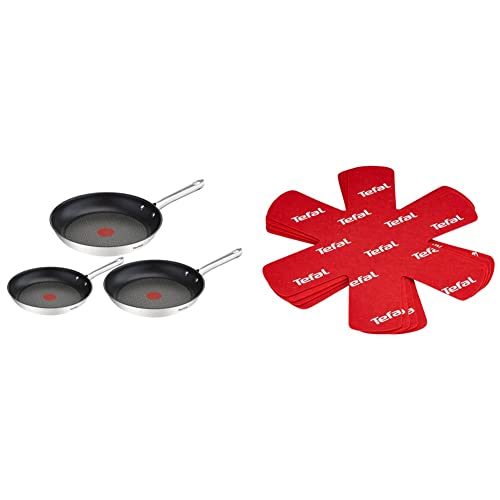 Tefal Duetto Juego de 3 Sartenes: 3 Sartenes de 20/24/28 cm de acero inoxidable, sartenes antiadherentes + Protector de Ollas y Sartenes K22030 Pack de 4 unidades, previene de arañazos