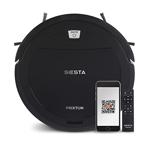 PRIXTON Siesta - Aspiradora Robot / Robot Aspirador con Gran Potencia de Succión hasta 1000 PA con WiFi y App, Programable e Inteligente, Limpieza automática, Barre, Friega, Pasa la Mopa, Negro