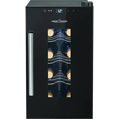 ProfiCook Nevera de vino, nevera de vino, refrigerador de bebidas, nevera para botellas PC-WK 1232, para vino tinto, vino blanco, rosa, pequeño, para 8 botellas; pantalla LCD, acero inoxidable negro