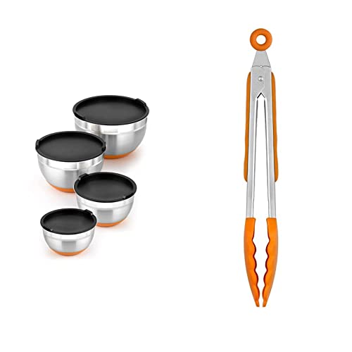 BRA Efficient- Set de 4 boles de acero inoxidable (12-16-20-24 cm) & Efficient Pinza de Cocina, Acero INOX, Nailon y Silicona, Naranja, 28.5 cm