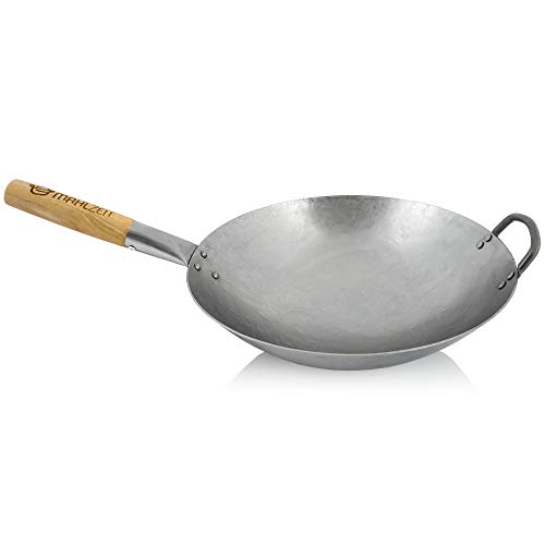 Mahlzeit Wok Tradicional | Ø 35 cm | Con Fondo Redondo | Sartén Wok de Acero al Carbono con Mango de Madera | Wok para Cocina de Gas, Eléctrica, Parrilla (Acero Al Carbono Crudo)