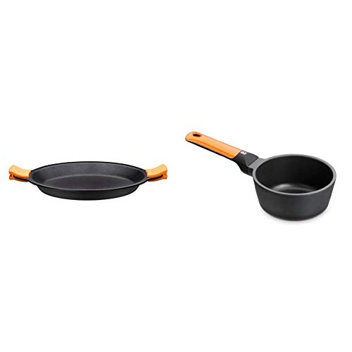 BRA Paellera, Negro, 32 cm + Cazo 16cm Efficient Orange, Aluminio Fundido, Naranja, 16 cm