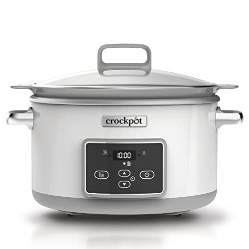 Crock-Pot Duraceramic | Olla de cocción lenta digital | Recipiente Compatible con Fuego e inducción | 5 L | Acero Inoxidable, Blanco [CSC026X]