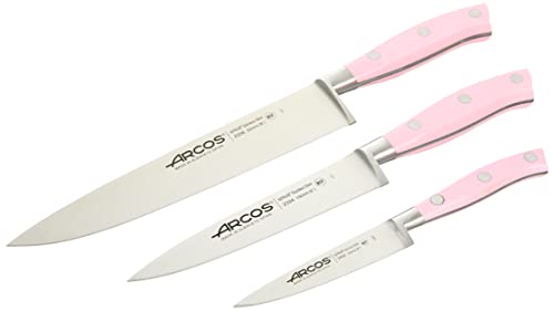 ARCOS Set Cuchillos Cocina Forjados Profesionales, 3 Cuchillos Cocina para Cortar y Pelar Alimentos, Mango Ergonómico Polioximetileno, Serie Riviera, Color Rosa