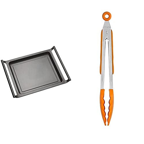 BRA Efficient - Plancha Asador Liso, 45 Cm, Aluminio Fundido Con Antiadherente Teflon Platinum Plus + Pinza De Cocina, Acero Inox, Nailon Y Silicona, Naranja, 28.5 Cm