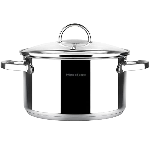 MAGEFESA ® Mag olla de 20 cm con tapa de cristal, fabricada en acero inoxidable, compatible con todo tipo de cocinas, incluido induccion, fácil limpieza, apta para lavavajillas y horno hasta 200 ºC