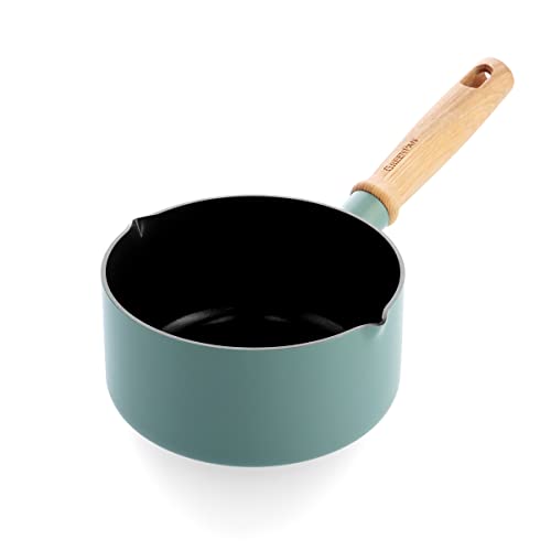 GreenPan Mayflower Sartén de Cerámica Antiadherente 16 cm/1,6 Litros con Picos Vertedores, Mango de Madera Vintage, Libre de PFAS, Inducción, Azul Ahumado