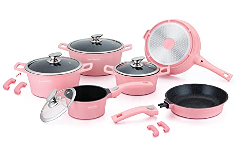 Royalty Line, Juego de utensilios de cocina de aluminio fundido a presión, 14 piezas, revestimiento de mármol, color ROSA