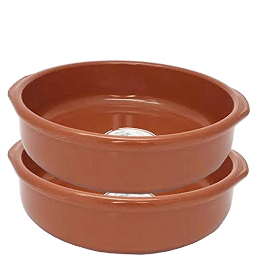 Pack de 2 cazuelas redondas de barro con asas, diámetro exterior 37,6 cm (asas incluidas), diámetro interior 33,2 cm, aptas para vitro y horno