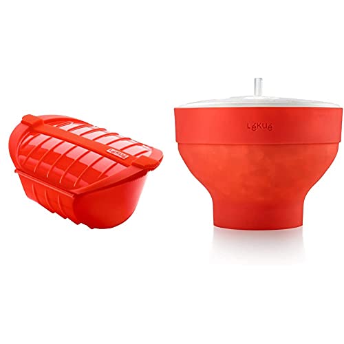 Lékué Estuche hondo de vapor XL, capacidad de 1000 ml, para 3-4 personas, color rojo + Recipiente para cocinar Palomitas, Rojo, 20 cm