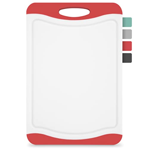 Tabla de cortar de plástico grande, 42 x 29 cm, sin BPA, antideslizante con ranura para jugo y asa, apta para lavavajillas, tabla de cocina, tabla de cortar (rojo/blanco)