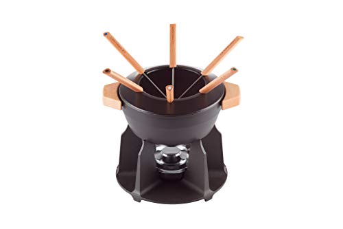 Le Creuset Set de fondue de hierro fundido, Con 2 asas de madera, tapa antisalpicaduras, quemador y 6 tenedores para fondue, Volumen: 2 L, Negro, 60612000000460