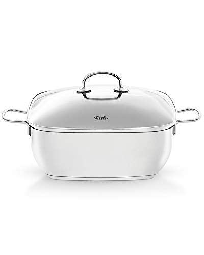 Fissler Secural Cacerola de 6,5 L y 28 cm de diámetro, acero inoxidable, con revestimiento, cacerola grande cuadrada, con tapa de cristal, apta para horno, color plata, inducción