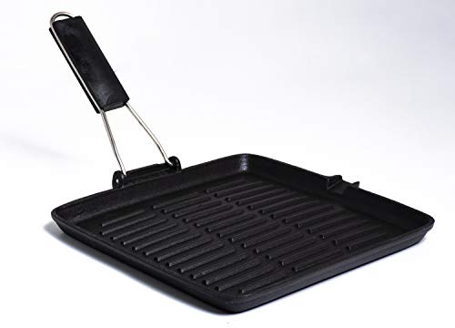 Aeternum Grill Petravera (placa para parrilla) de hierro fundido con mango plegable, apta para inducción, 28 x 28 cm