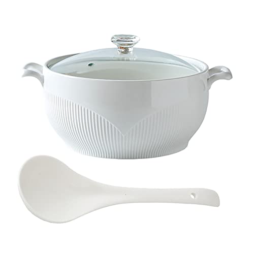 Sopera Redonda De Cerámica Blanca, Sopera De Cerámica Con Tapa De Vidrio Y Cucharón, Tazón De Sopa De Cerámica Con Tapa De Diamante,Blanco,3000ml