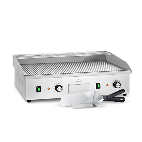 Klarstein Plancha Cocina Eléctrica Profesional, Grill Electrico de Acero Inoxidable, Antiadherente con Bandeja Aceite Extraíble, LED, 2 Espátulas, Plancha de Asar, Camping y Restaurantes 200W, Plata