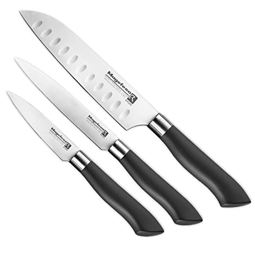 MAGEFESA ® Ryori juego de 3 Cuchillos de Cocina Compuesto por Cuchillo santoku, Universal y pelador, Fabricados en Acero Inoxidable 3Cr14, Filo de máxima precisión, Mangos ergonómico, fácil Limpieza