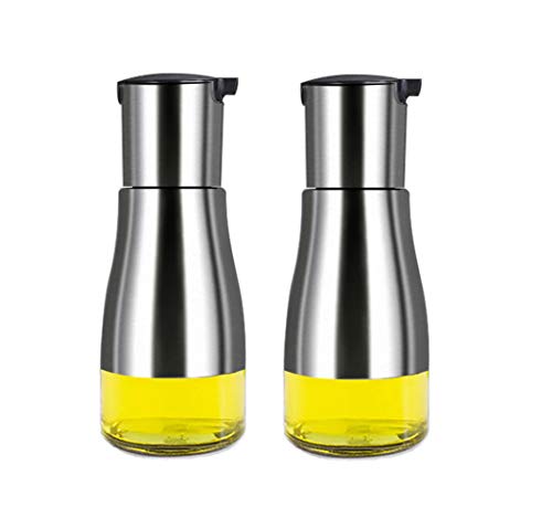MHtech Botella de Aceite - utensilio de Cocina de Vidrio de Acero Inoxidable, Adecuado para Aceite de Oliva, vinagre, Salsa de Soja, Vino para cocinar, etc. (320 ml + 2 Botellas)