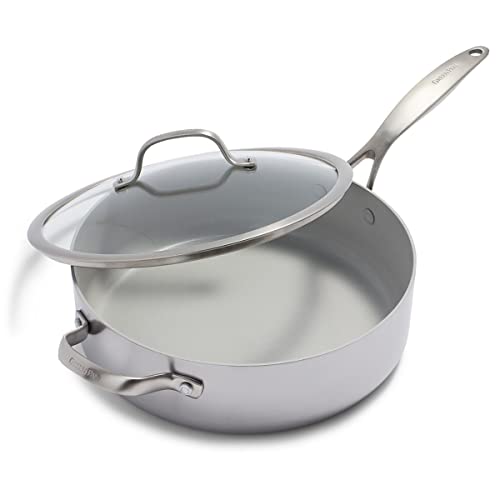 GreenPan Venice Pro Sartén Jumbo Tri-Ply Acero Inoxidable Cerámica Antiadherente 28cm/4.8 Litros, Mango y Tapa, Sin PFAS, Multi Clad, Inducción, Apta para Lavavajillas, Horno, Plata