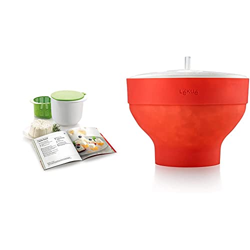 Lékué Kit para Elaborar Queso Fresco Y Libro De Recetas En Español + Recipiente para Cocinar Palomitas, Rojo, 20 Cm