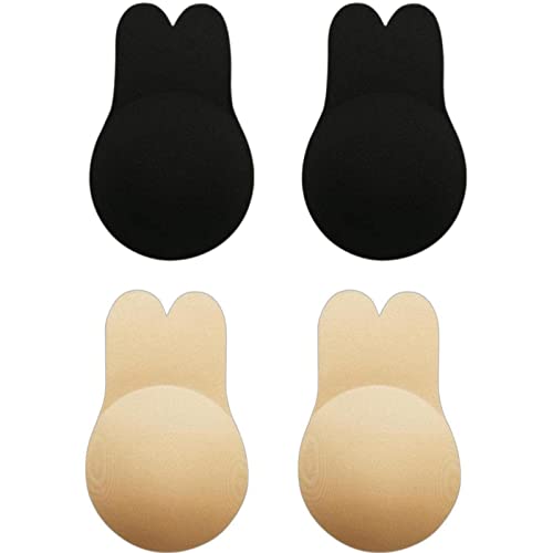 2 Pairs Sticky Bra,Invisible Sticky Bra,Backless Strapless Sticky Bra,Adhesive Breast Lift Reusable Nipple Covers (L/XL,Black+Skin)