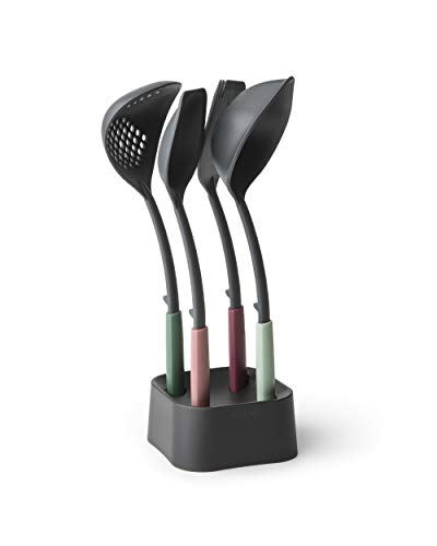 Brabantia Tasty + Juego de utensilios de cocina con soporte: cucharón, cuchara para servir, espumadera-cucharón y espátula-tenedor, surtido colores
