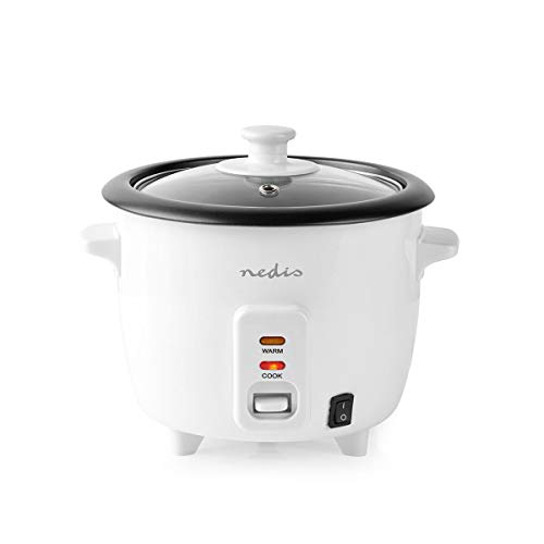 Nedis olla eléctrica para arroz - Olla con vaporera y tapa de cristal - Prepara arroz y verduras con delicadeza - Capacidad 0,6 l - Blanco