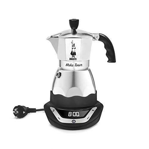 Bialetti Eléctrico Moka Temporizador, Capacidad por 6 Carribas, 365W, Plata / Negro