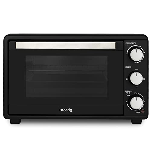 H.Koenig FO25 Electrico Sobremesa, Horno Encimera, Capacidad de 25 litros, 1500 W, 4 Modos, Temperatura hasta 230ºC, Tiempo hasta 60 Mins, Termostato, Acero Inoxidable, Negro