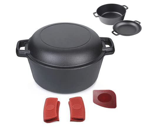 Pinnacle Cookware – 4,7 Litros/5 Cuartos de Galón de Hierro Fundido Presazonado Doble Horno Holandés/Cacerola | Tapa de Sartén | Olla 2 en 1 | Cubiertas de Mango y Raspador