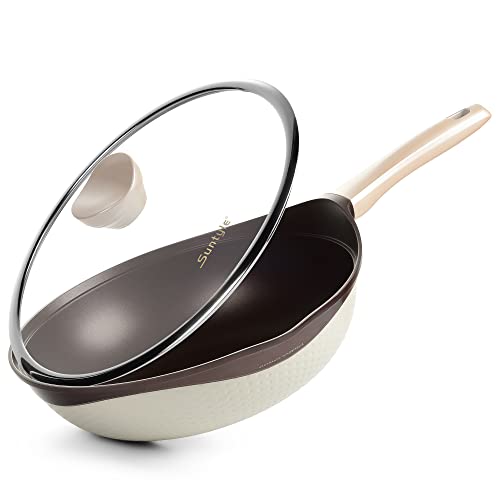 SUNTYLE Wok con Tapa de Cristal, Wok Induccion con Base de Inducción, Sarten Wok de Aluminio de 13