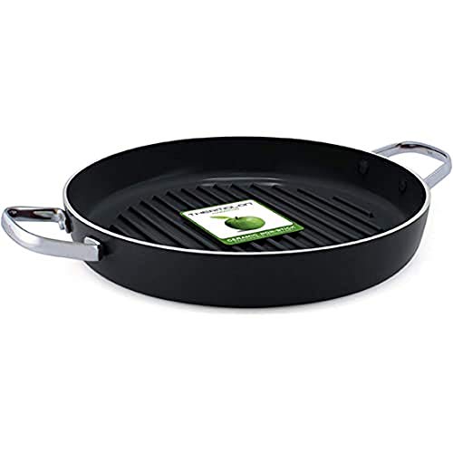 GreenPan Essentials Grill Antiadherente de Aluminio Forjado con Revestimiento de Cerámica y Dos Asas de Acero Inoxidable, Apta para Todo Tipo de Cocinas, Inducción, Horno y Lavavajillas, 28 cm, Negro