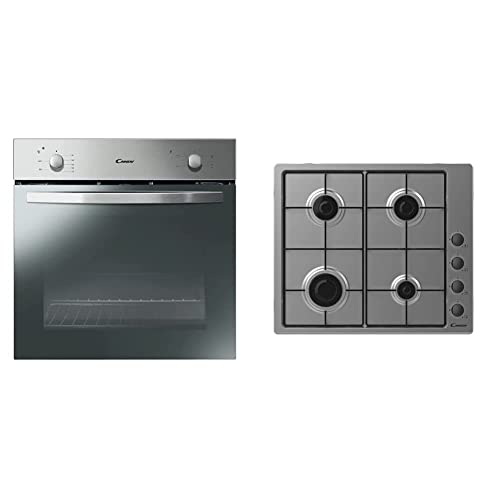 Candy CHW6LBX Encimera Gas 60CM, INOX, 595X510X8 + FCS100X/E Horno eléctrico 2100W, Capacidad 70L, Puerta desmontable de doble cristal con efecto espejo, Inox, Clase A